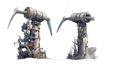 concept art of two different white mechanical towers with long arms, on a dark background, in a low angle shot, in the style of a game concept design sheet, showing a front view and side view.