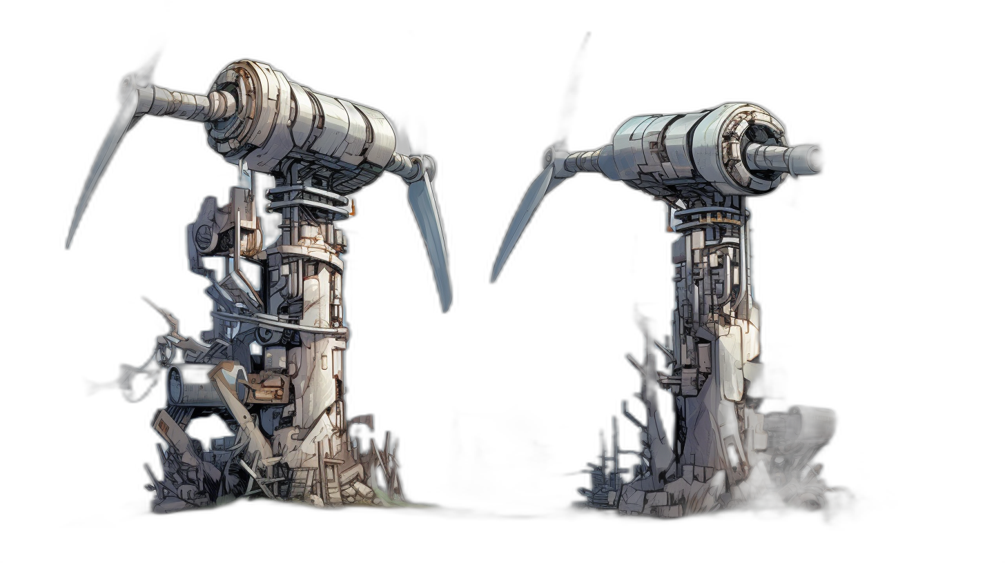 concept art of two different white mechanical towers with long arms, on a dark background, in a low angle shot, in the style of a game concept design sheet, showing a front view and side view.