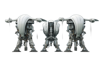 Three views of a white robot with long legs and a large head on a black background: a front view, side view, and rear view. The style is cyberpunk with a futuristic mecha design resembling sci-fi concept art. The image is high resolution, high detail, high quality, and high definition with high contrast and a high dynamic range. It is a high octane rendered full body shot in the style of a scifi concept artist.