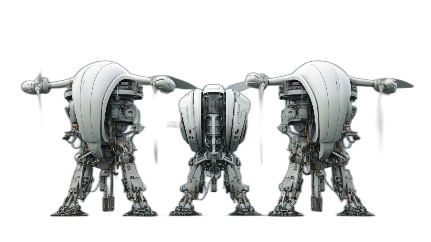 Three views of a white robot with long legs and a large head on a black background: a front view, side view, and rear view. The style is cyberpunk with a futuristic mecha design resembling sci-fi concept art. The image is high resolution, high detail, high quality, and high definition with high contrast and a high dynamic range. It is a high octane rendered full body shot in the style of a scifi concept artist.