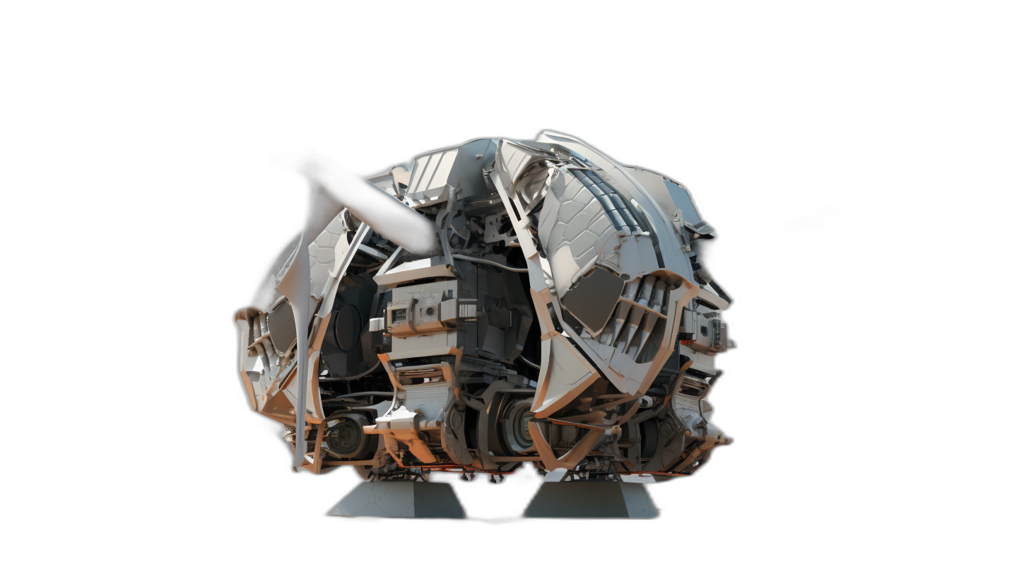 3d render of large spaceship engine, made from metal and wood, on black background,