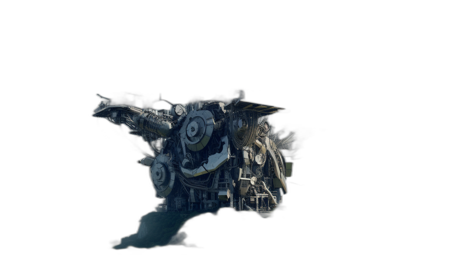 A dark black background with an engine floating in the center, topdown view, game art style, 3D rendering, high resolution, ultra detailed, low angle shot, white smoke and dust, dark silver metallic color scheme, high contrast, and mysterious atmosphere. The machine is made of metal material and has multiple gears on its surface. It features complex mechanical structures that highlight details. High saturation, sharp light effects add to it’s overall visual impact.