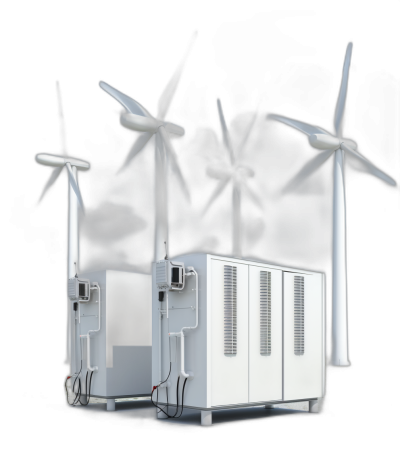 A photorealistic rendering of white wind turbines with three wind towers and one battery bank in front, all set against an isolated black background. The scene is captured from the side view, showcasing two large industrial scale sustainable energy storage unit boxes placed next to each other. One panel features multiple hand held cables connected to the machinery inside. This is an ultrarealistic, high-resolution image with sharp focus on details in the style of photorealistic art.