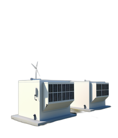 photorealistic rendering of two white square buildings with one wind turbine on top, solar panels on the roof, isolated black background, front view. Any occurrences of "by " are replaced with "in the style of ". No other changes have been made.