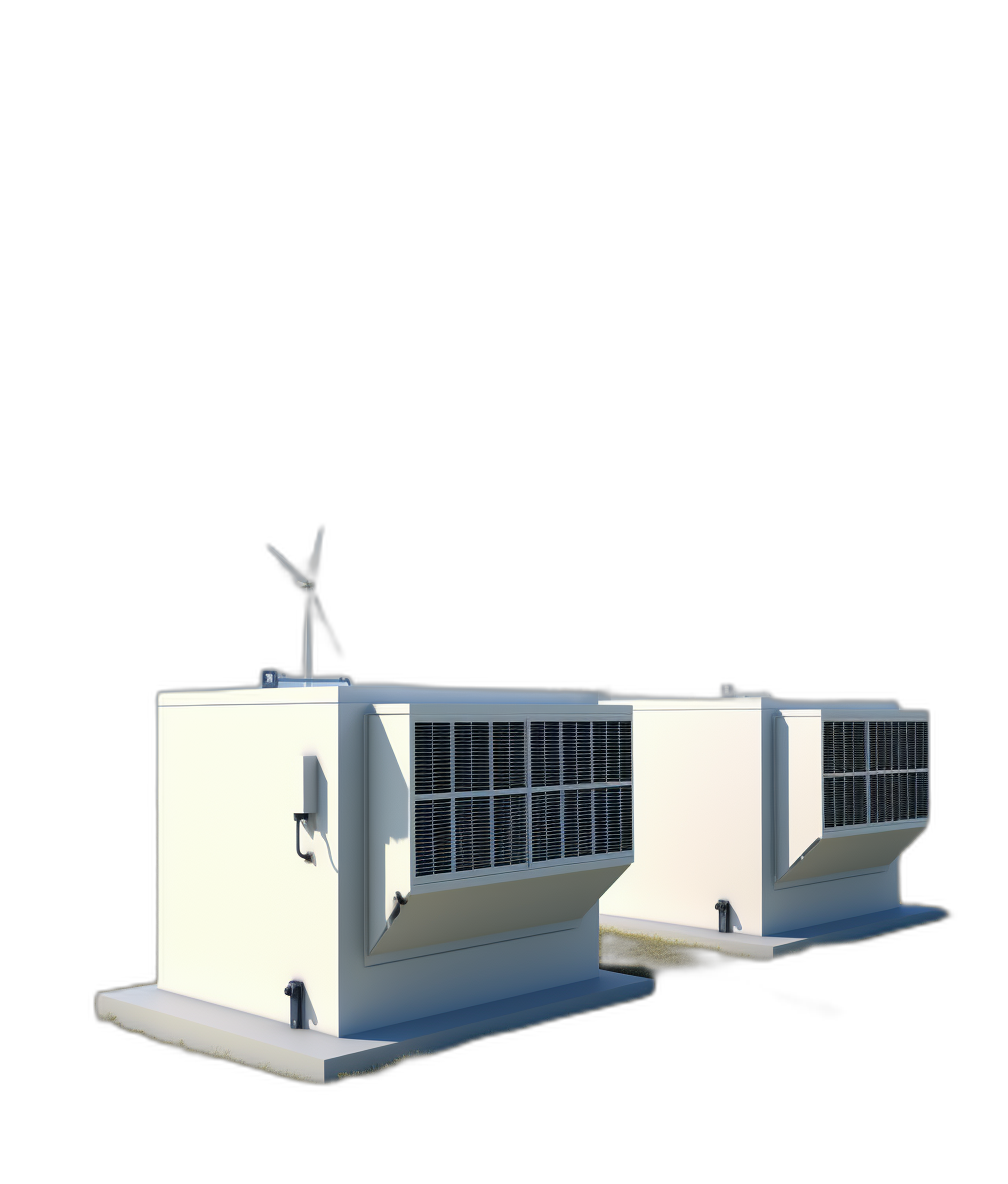 photorealistic rendering of two white square buildings with one wind turbine on top, solar panels on the roof, isolated black background, front view. Any occurrences of “by <Artist Name>” are replaced with “in the style of <Artist Name>“. No other changes have been made.