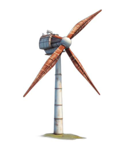 A small wind turbine with one blade, 2D game art style, black background, cartoonish design, detailed character illustrations in the style of volumetric lighting, hard edge, hard surface modeling, rusticcore