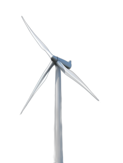 A wind turbine with a simple structure and white metal texture is shown from the front view against a pure black background in the style of C4D rendering. Clear details and high resolution are featured with no other elements in the picture. The camera is focused on the top of the turbine.