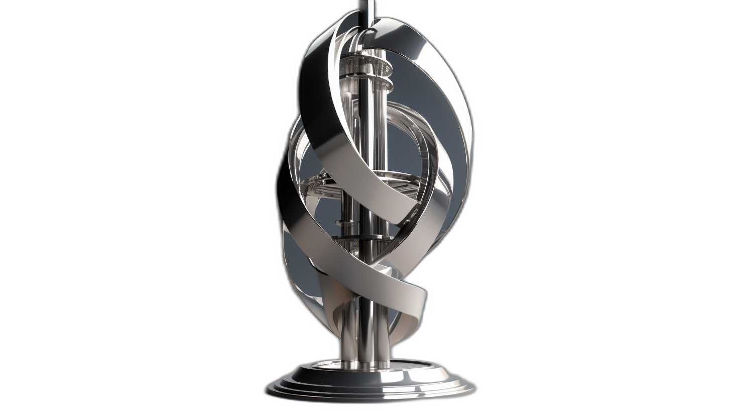 A modern, sleek trophy with an abstract design featuring intertwined ribbons and futuristic elements on the base. The silver finish adds sophistication to its overall appearance. It is centered against a black background for contrast. Photorealistic 3D rendering with dynamic lighting effects in the style of a futuristic design.