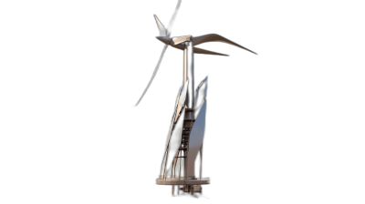 A wind turbine in a futuristic style, with a black background and high detail. The design includes white lines for details of the tower structure. A bird is flying next to it. There is an elongated silver bar attached from behind to its head. This object will be used in architectural rendering. High resolution photography with a black isolated background.