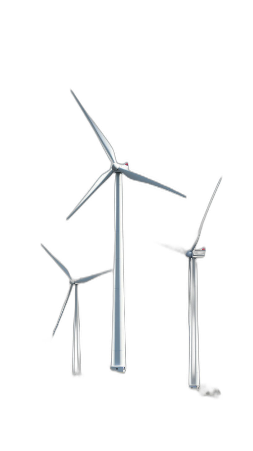 White wind turbines, 3D rendering of wind turbine schemes in the style of three, pure black background, front view, simple style, high resolution, no shadowing, clear and sharp focus, full body perspective, studio lighting.