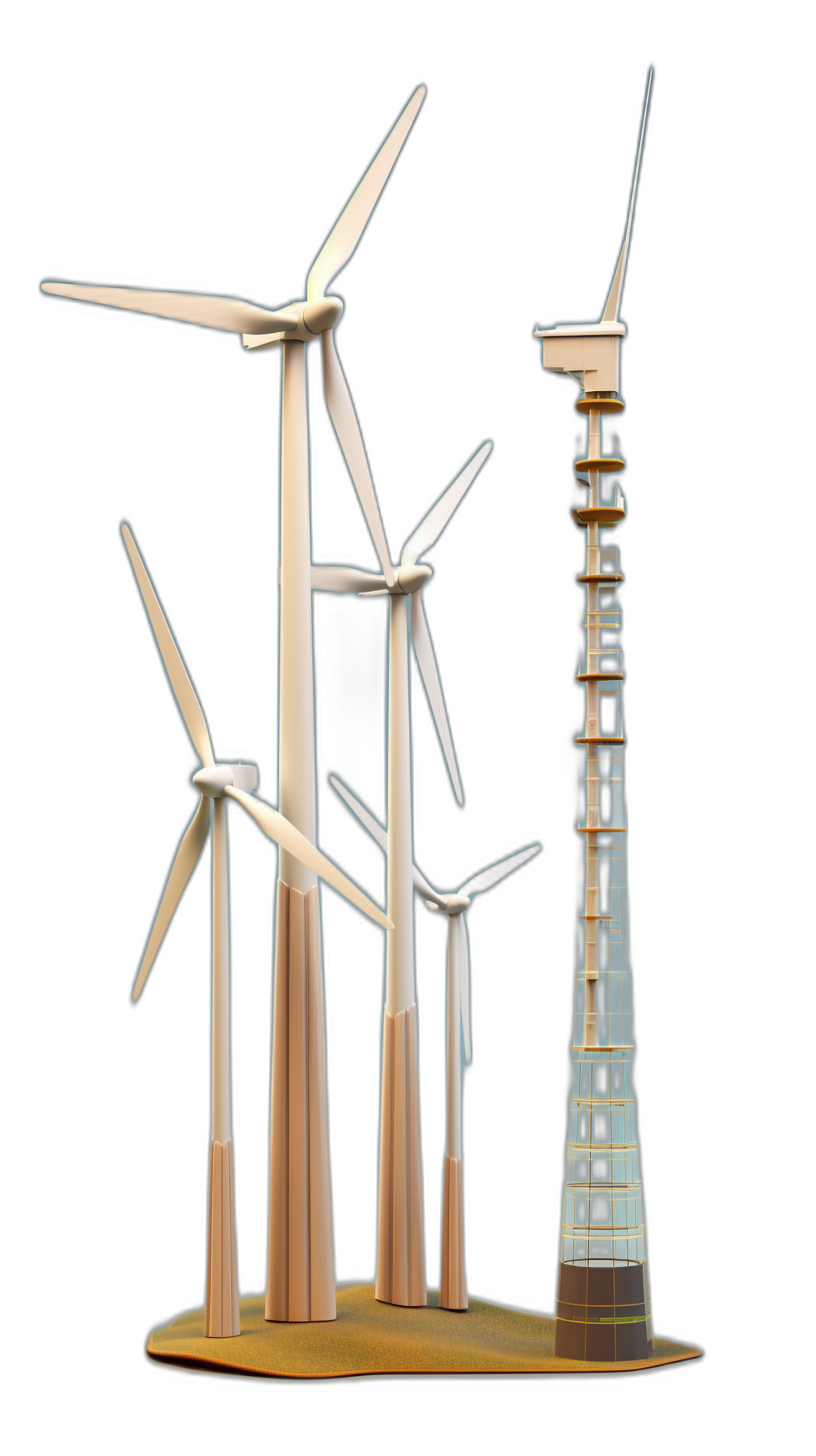 Three wind turbines and one tower on the right side, in the paper model style, 3D rendering, black background, three-dimensional view of three elements, simple structure, simple lines, white color scheme, light brown wood grain material. Front perspective, natural lighting.