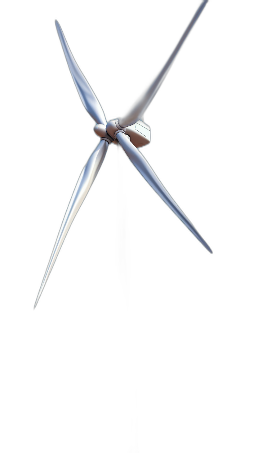 Realistic wind turbine with blades in motion, flying at the top of a black background, white color on a solid dark grey background, with no shadows, low contrast, no reflection, no blur, and a sharp focus, shot from above in a closeup and centered composition with straight lines and simple shapes in a pure and minimal style.