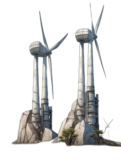 two white wind turbines on top of rocks, concept art by [Greg Rutkowski](https://goo.gl/search?artist%20Greg%20Rutkowski), concept design sheet, black background, game assets