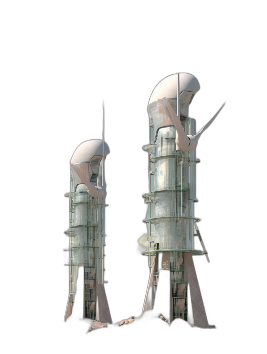 two futuristic water towers on tall stilts, one small and the other large, isolated against black background, perspective view, photorealistic