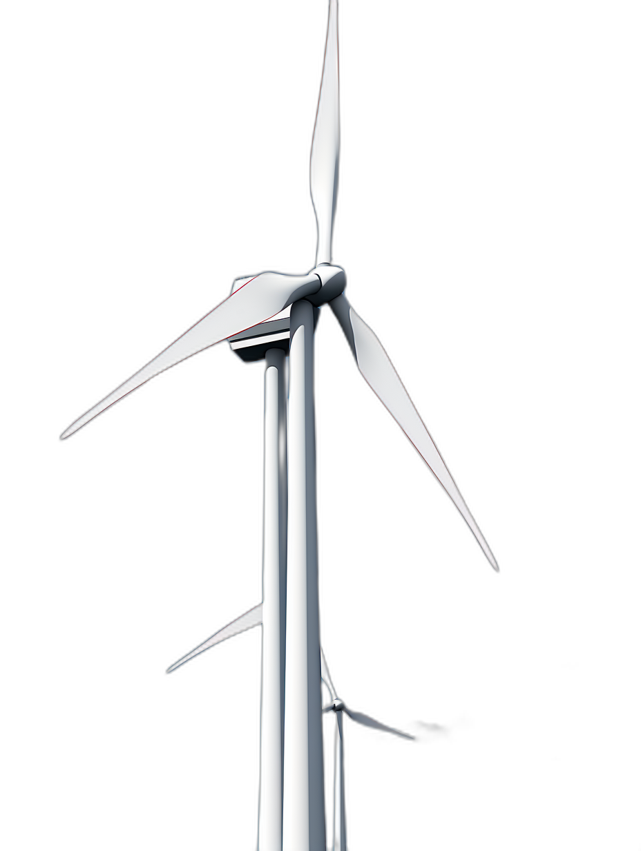 A wind turbine with blades, white color on black background, low angle shot, octane render, high resolution photography