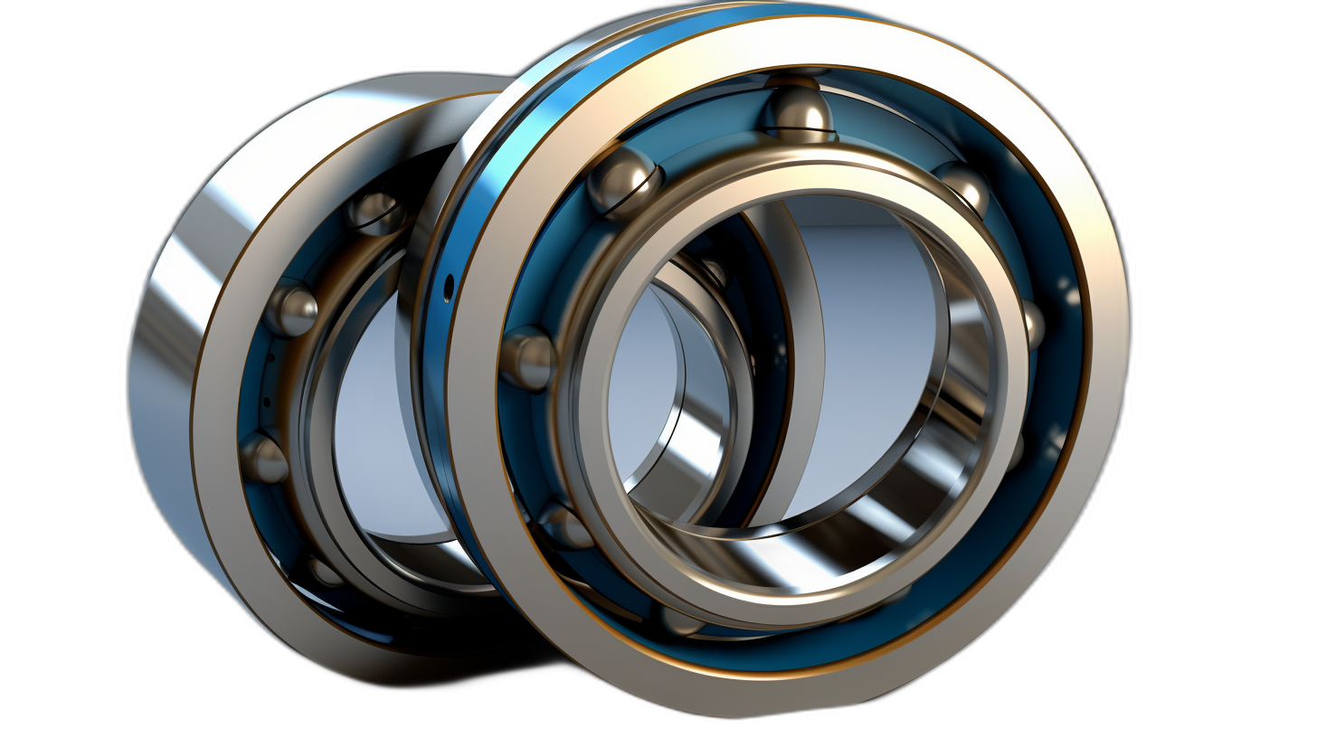 3D rendering of two overlapping ball bearings, one chrome and one blue metal, with a black background. The rendering is in the style of overlapping spherical forms in complementary colors set against a dark backdrop.