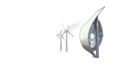 A wind turbine in the shape of an abstract white leaf, with a black background and a side view. The blade is made from metal, while glass windows surround it on three sides to provide clear panoramic views. It features a simple design style that embodies high-tech aesthetics. This scene was captured using C4D software for rendering, presenting the object as a real photograph in the style of simple design.