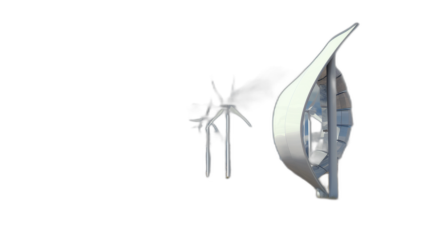 A wind turbine in the shape of an abstract white leaf, with a black background and a side view. The blade is made from metal, while glass windows surround it on three sides to provide clear panoramic views. It features a simple design style that embodies high-tech aesthetics. This scene was captured using C4D software for rendering, presenting the object as a real photograph in the style of simple design.