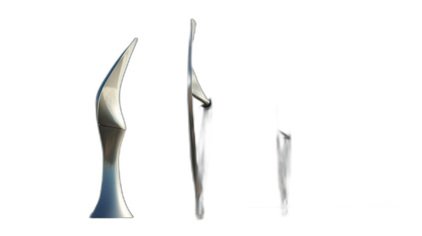 Three stainless steel sculptures of elongated fish bodies, one in the middle and two on either side of it, standing upright with their tails raised up, all three positioned at different angles from each other, black background, studio lighting.