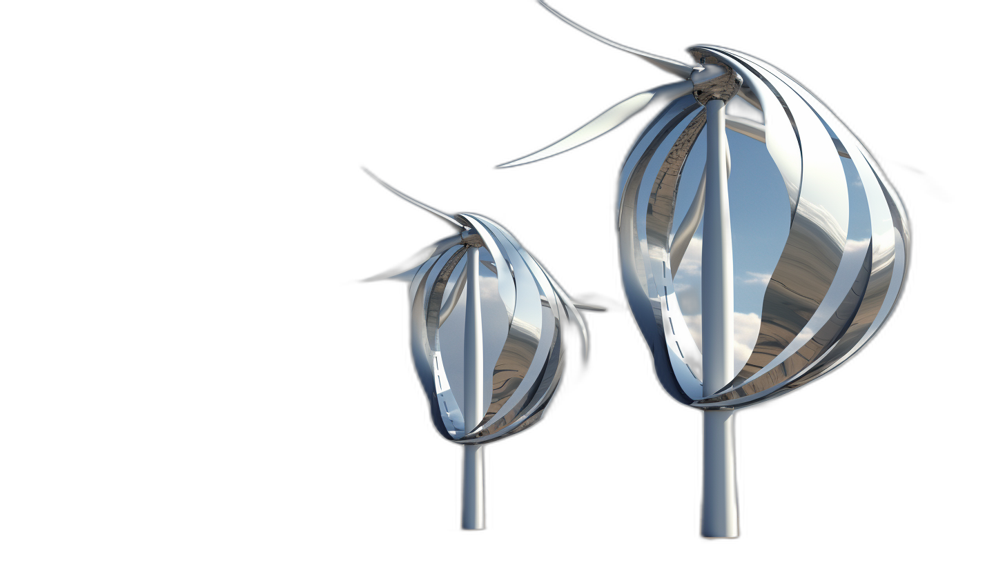 3D rendering of two futuristic wind turbines, made from chrome metal in the style of leaves on a black background.