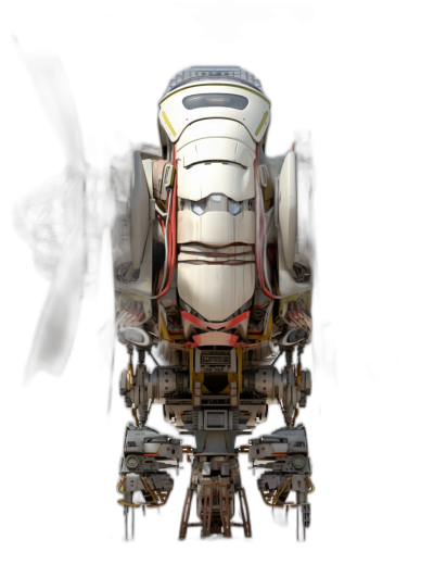 front view of an extremely large robot with a human face, a white body and red details on a black background, in the style of [Ian McQue](https://goo.gl/search?artist%20Ian%20McQue) + [Greg Rutkowski](https://goo.gl/search?artist%20Greg%20Rutkowski) art style, rendered in Octane, with cinematic lighting, from a top down perspective, with a symmetrical composition, at a high resolution