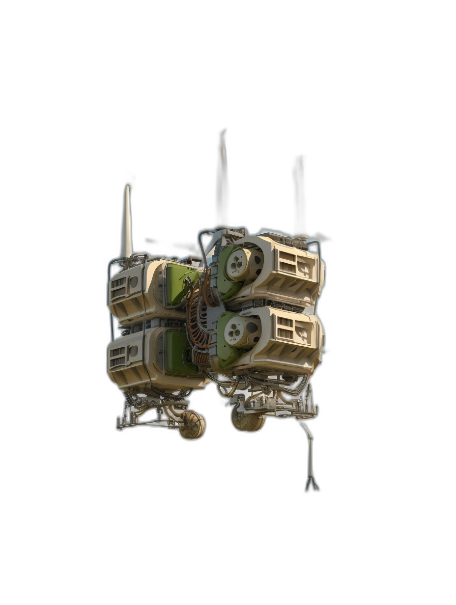 3D render of a small space station with wheels, isolated on a black background, perspective view, in the style of scifi, with green and gold colors, rendered with Octane