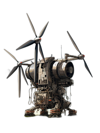 A detailed illustration of an open engine with propeller blades on the side against a black background in the style of science fiction and fantasy.