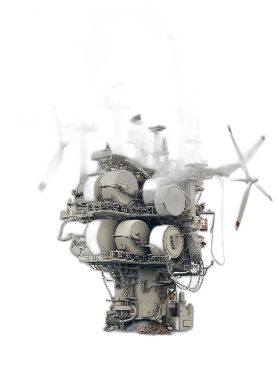 A hyperrealistic aerial view photo of the engine and engines on an aircraft carrier, isolated in black background, in the style of H.R Giger, white, grey, black