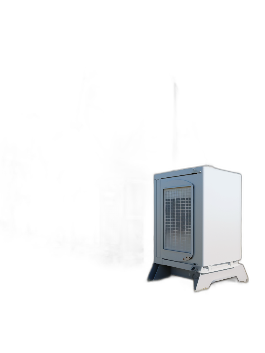 a white small air conditioner on the side of an empty black background, ultra realistic photography