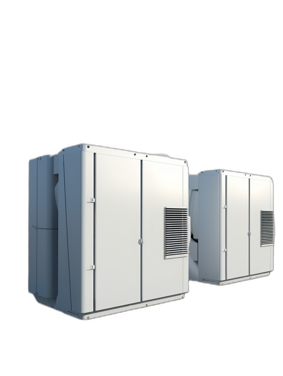 A photorealistic rendering of two white industrial air source heat pumps isolated on a black background, with high resolution photography and high quality details in the super realistic photo style. Ambient light was used with octane render to achieve hyper detailed and hyper realistic results.