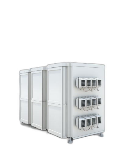 White industrial energy storage system with three large white boxes on the front, black background, front view, in the style of hyperrealistic product photography, high resolution