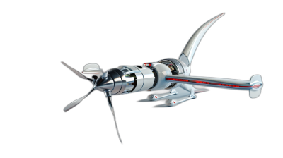 3/4 view of a silver flying machine with a propeller and red stripes on its body, in the style of space, on a black background, hyperrealistic scene