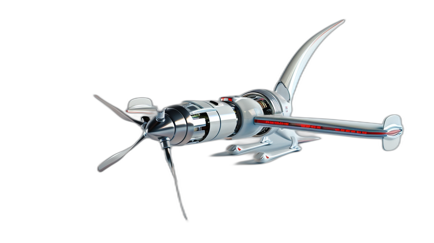 3/4 view of a silver flying machine with a propeller and red stripes on its body, in the style of space, on a black background, hyperrealistic scene