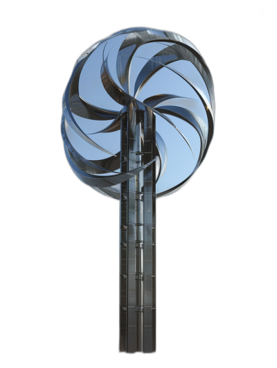 A vertical wind turbine with the blades arranged in an oval shape, designed for low gravity flight and space travel. The sculpture is made of polished stainless steel against a black background. A photorealistic rendering in the style of architectural photography with studio lighting.