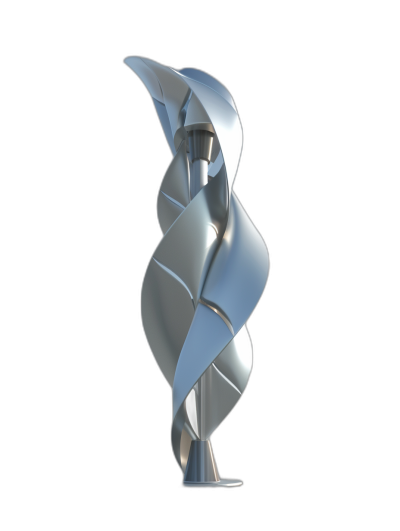 A silver metal spiral, with sharp edges and corners, standing upright on the left side of an isometric view against a black background. The sculpture has smooth curves that swirl around it like water or air, creating negative space in its center for text or graphics. It's designed to resemble two interwoven ribbons, one extending upwards from below while another falls down at ground level. This design creates visual depth by adding dimension and movement in the style of adding dimension and movement.