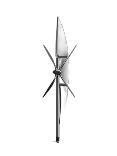 A wind turbine with blade shaped like an arrow, made of stainless steel material, on a black background, in the product design style, shown from the front view, as a 3D rendering, with studio lighting, in a centered composition, in a minimalist style, with a metallic texture, appearing high gloss, using bright colors, with sharp contrast, and conveying a strong sense of light. in the style of