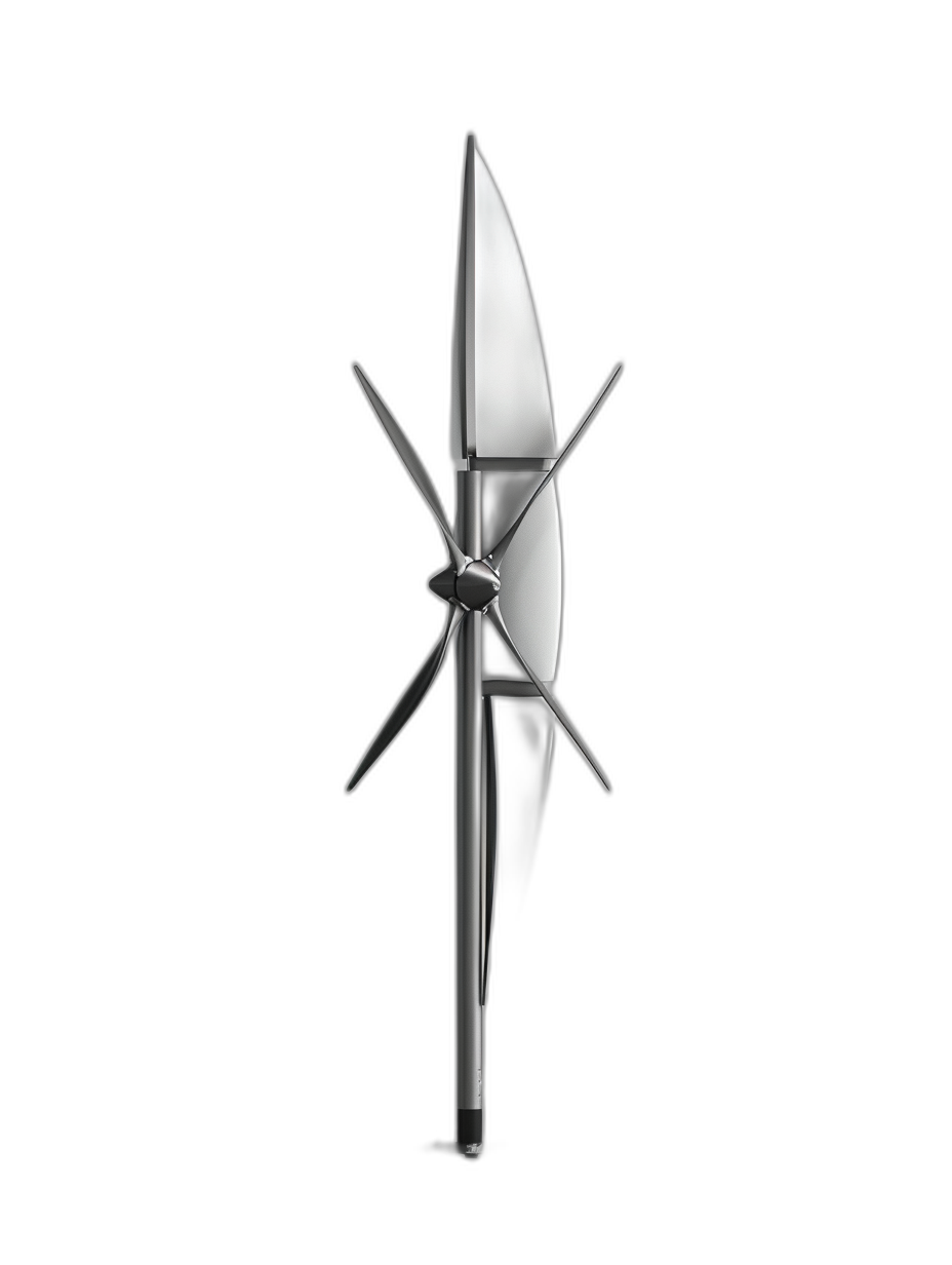 A wind turbine with blade shaped like an arrow, made of stainless steel material, on a black background, in the product design style, shown from the front view, as a 3D rendering, with studio lighting, in a centered composition, in a minimalist style, with a metallic texture, appearing high gloss, using bright colors, with sharp contrast, and conveying a strong sense of light. in the style of