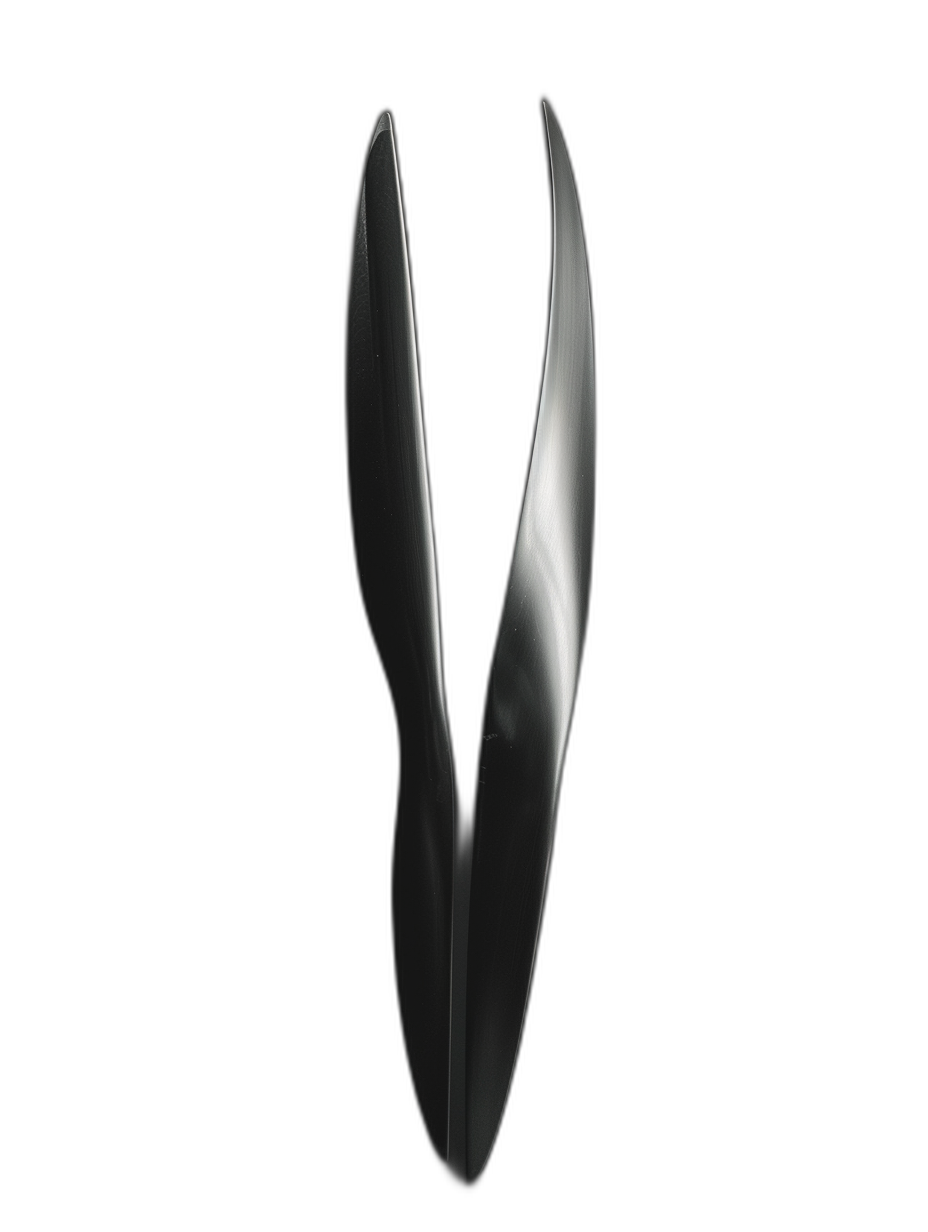 A minimalist silver sculpture of two curved, slender horns with sharp edges and a straight line at the top that forms a V shape on a black background, rendered in the style of Cinema4D with monochromatic shadows, bold contrast between light gray and dark black, high resolution, logo design, 3D render, symmetrical composition, and a solid color background.