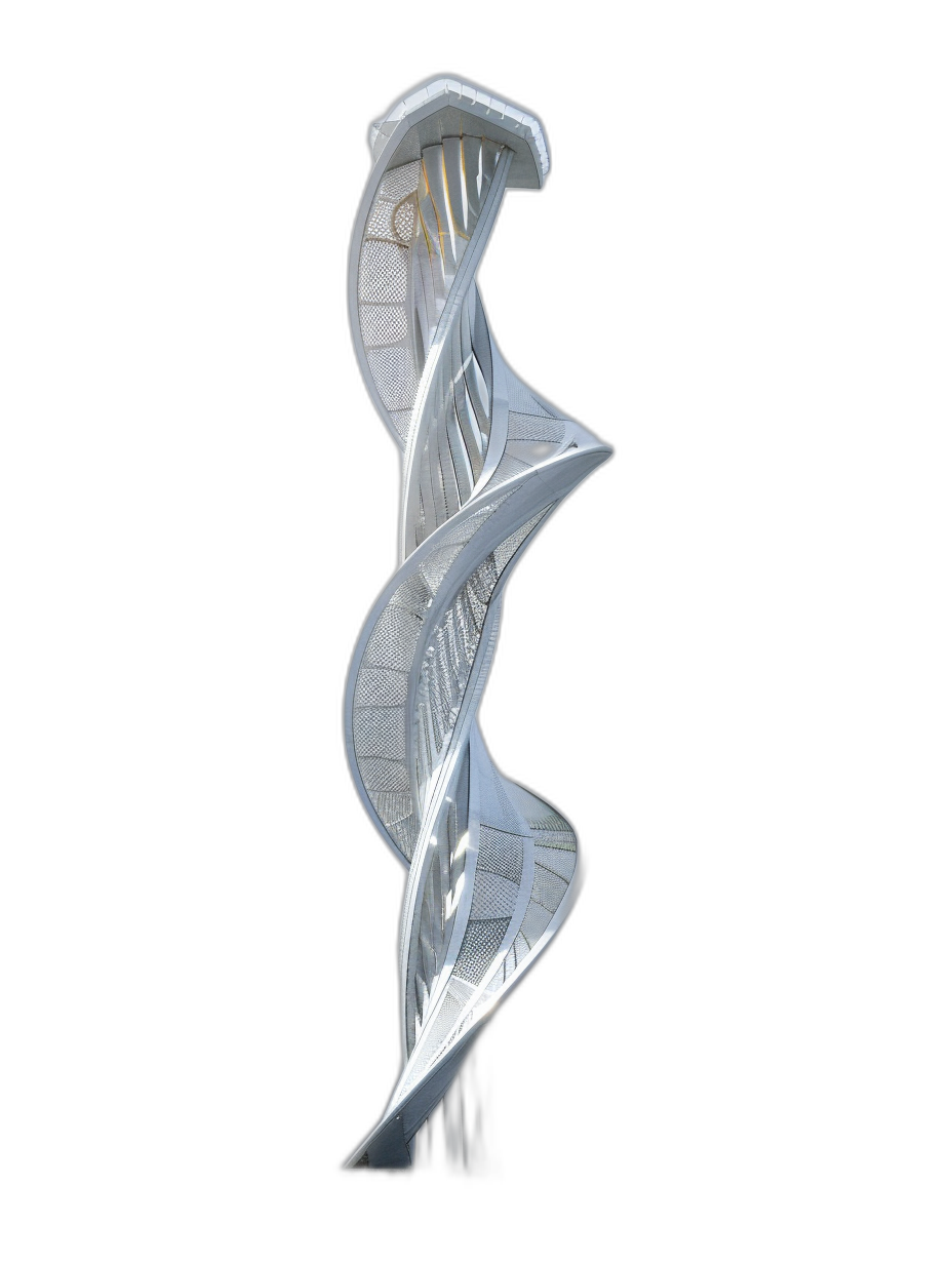 A futuristic DNA double helix is rendered in white and silver against an all-black background. The sculpture is designed with sharp edges and precise lines that give it the appearance of being made from metallic materials like aluminum or steel. It has a dynamic form with curves and swirls, giving the impression of motion as if swaying slightly. This piece should have an elegant yet edgy look, reminiscent of modern art sculptures or architecture in the style of modern art sculptures or architecture.