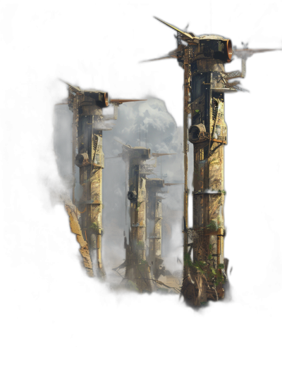 A dark fantasy concept of an ancient ruined and destroyed city in a video game art style. Broken stone pillars have small greenery growing in the cracks. Tall wooden structures are covered by dust clouds against a black background in the painterly digital art style of the scene.