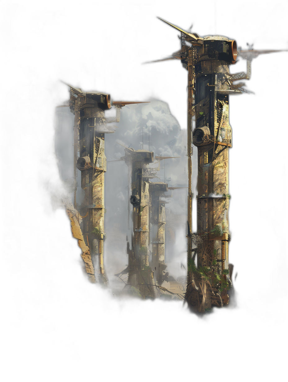 A dark fantasy concept of an ancient ruined and destroyed city in a video game art style. Broken stone pillars have small greenery growing in the cracks. Tall wooden structures are covered by dust clouds against a black background in the painterly digital art style of the scene.