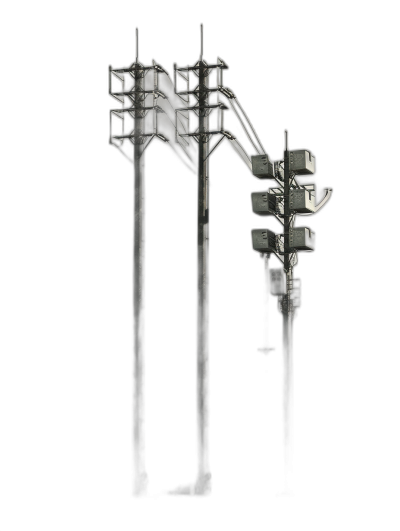 A black background with three power lines and two streetlights, all made of metal materials. The style is realistic photography in high definition, with a 3D rendering effect and an industrial design aesthetic. It features a front view and dark tones. The lighting illuminates the entire scene. A black solid color tone creates contrast between lightness and darkness. This design emphasizes detailed details, showcasing complex textures on metallic surfaces.