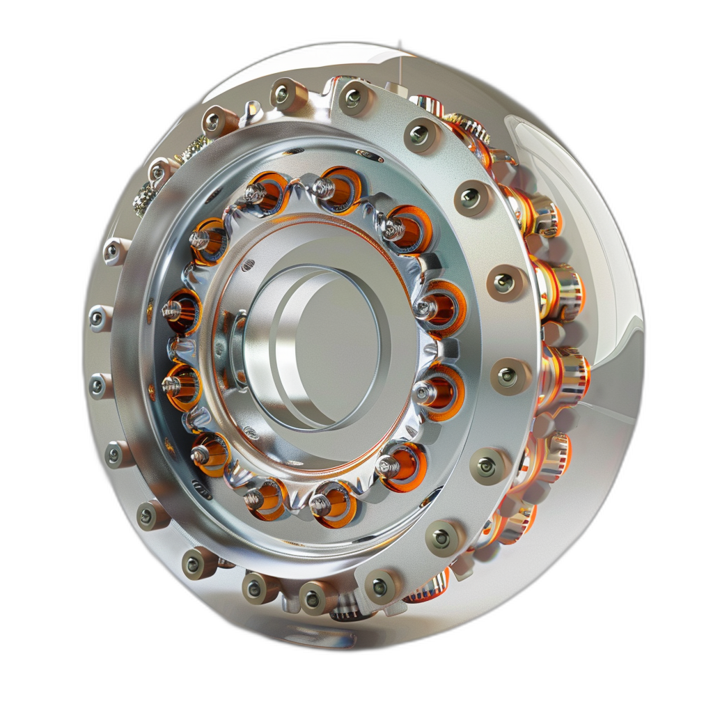 3D render of an electric motor with all the parts visible, on black background, with reflections and orange lighting, with a large white metal disk in center, with lots of small chrome cups around it