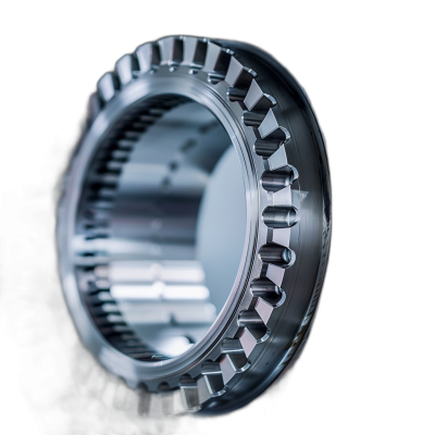 Closeup of the bottom view of an electric motor's conceptual ring gear, focusing on its intricate design and silver metal surface against a black background. The camera angle is from below looking up at the horizon line, capturing details like sharp edges and ridges in high resolution. The lighting creates soft shadows that accentuate textures and depth.