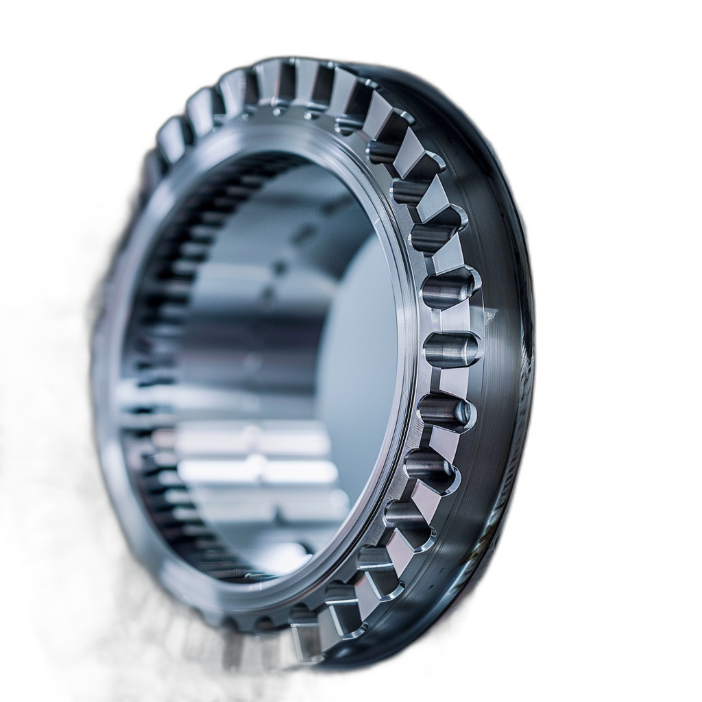 Closeup of the bottom view of an electric motor’s conceptual ring gear, focusing on its intricate design and silver metal surface against a black background. The camera angle is from below looking up at the horizon line, capturing details like sharp edges and ridges in high resolution. The lighting creates soft shadows that accentuate textures and depth.