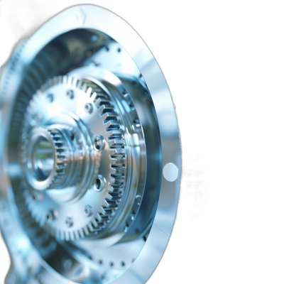 Closeup of the gear wheel and engine in the style of Paulhealthy in a hyper realistic style, against a black background, light blue metal with a chrome finish, depth of field perspective blur, high resolution, cinematic photography, lens flares, bokeh, full frame.