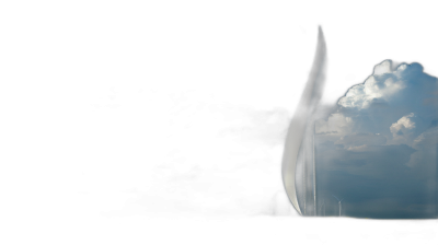 A view from the window of an airplane, black sky with one white cloud in the shape of a thin vertical oval, a futuristic windmill-like structure far away on the horizon, shot in the style of Rory Gardiner.