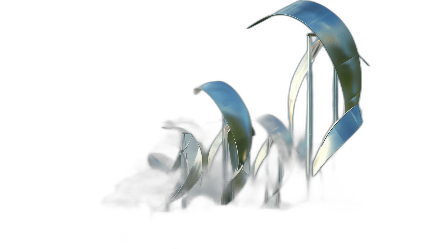 A row of three wind turbines made from white metal, seen in profile against black background, illuminated by soft light, creating an abstract and minimalist composition. The image is captured with a highresolution camera using a macro lens to emphasize the intricate details of each sculpture.