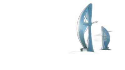 Two wind turbines made of white glass, against black background, with a spotlight shining on them.