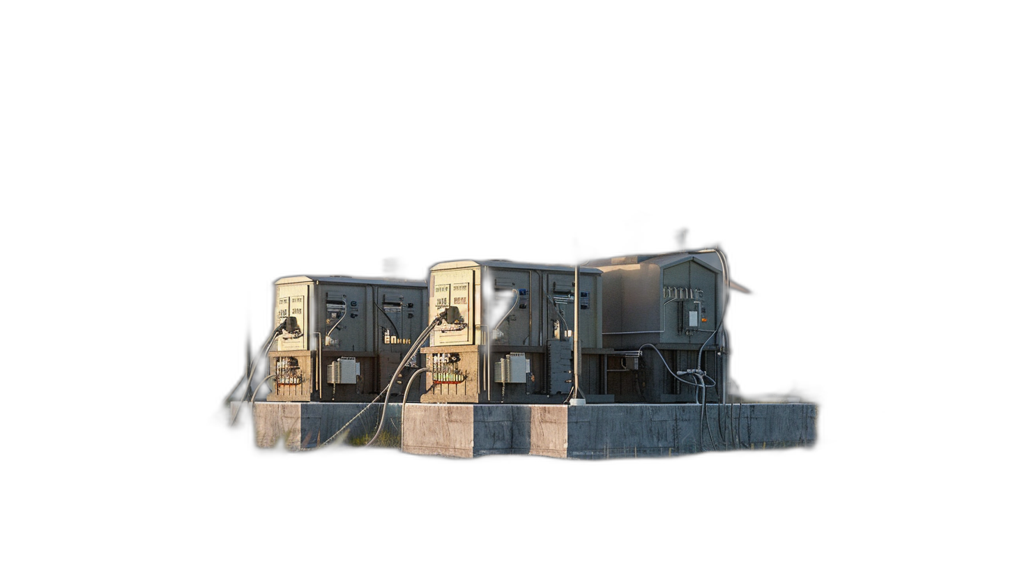 A military power plant with three small buildings, 3D model on black background, in the style of unreal engine 5, high resolution.